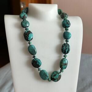 Chunky Blue Green Turquoise Sterling Silver Necklace Modern Vintage